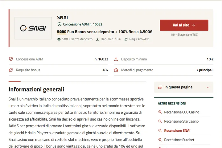 La nostra scheda di recensione SNAI con valutazione e termini dell’offerta