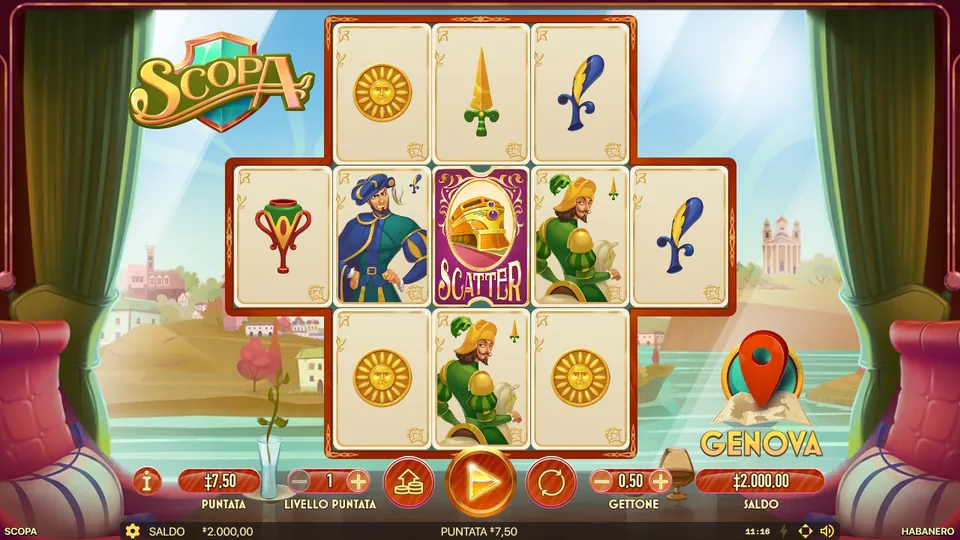 Rulli della slot Scopa a tema carte napoletane, versione demo