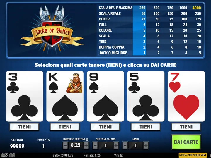 Mano di Jacks or Better con tabella dei pagamenti